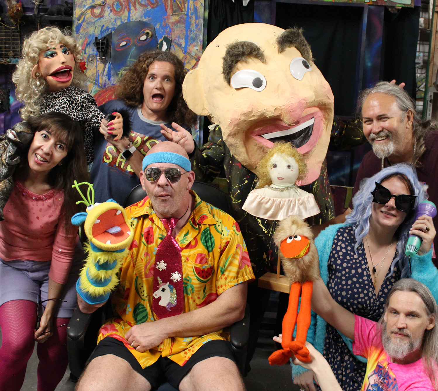 The full cast of Ed's Shed Live — puppets, dinosaurs and oddballs
